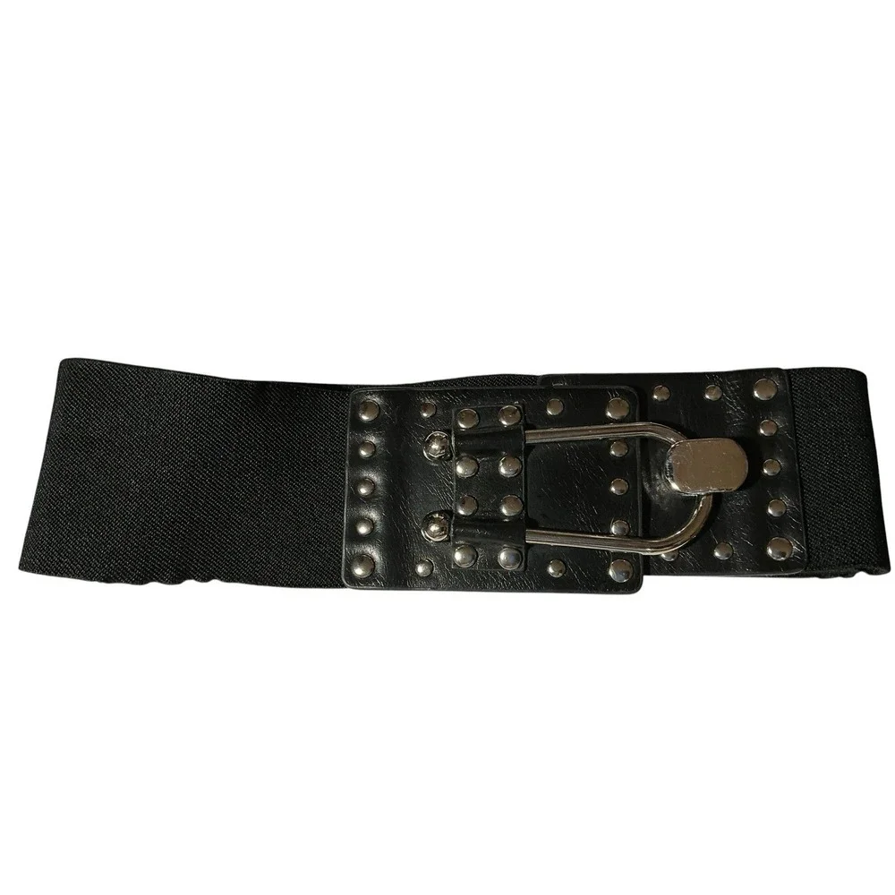 Retro Wide Studded Stretch Black Belt 80's Style 34 - 36